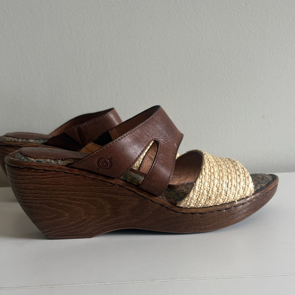 Born Brown Leather Wedge Sandals Raffia Slide Comfort Boho Size 10